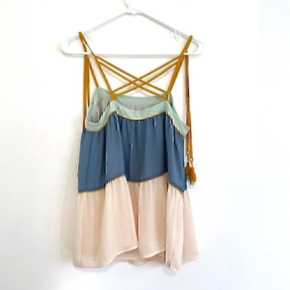 ANN TAYLOR LOFT Poolside Peplum Cami Cream Beige Blue Tassel Strappy Tank Blouse - Picture 10 of 12